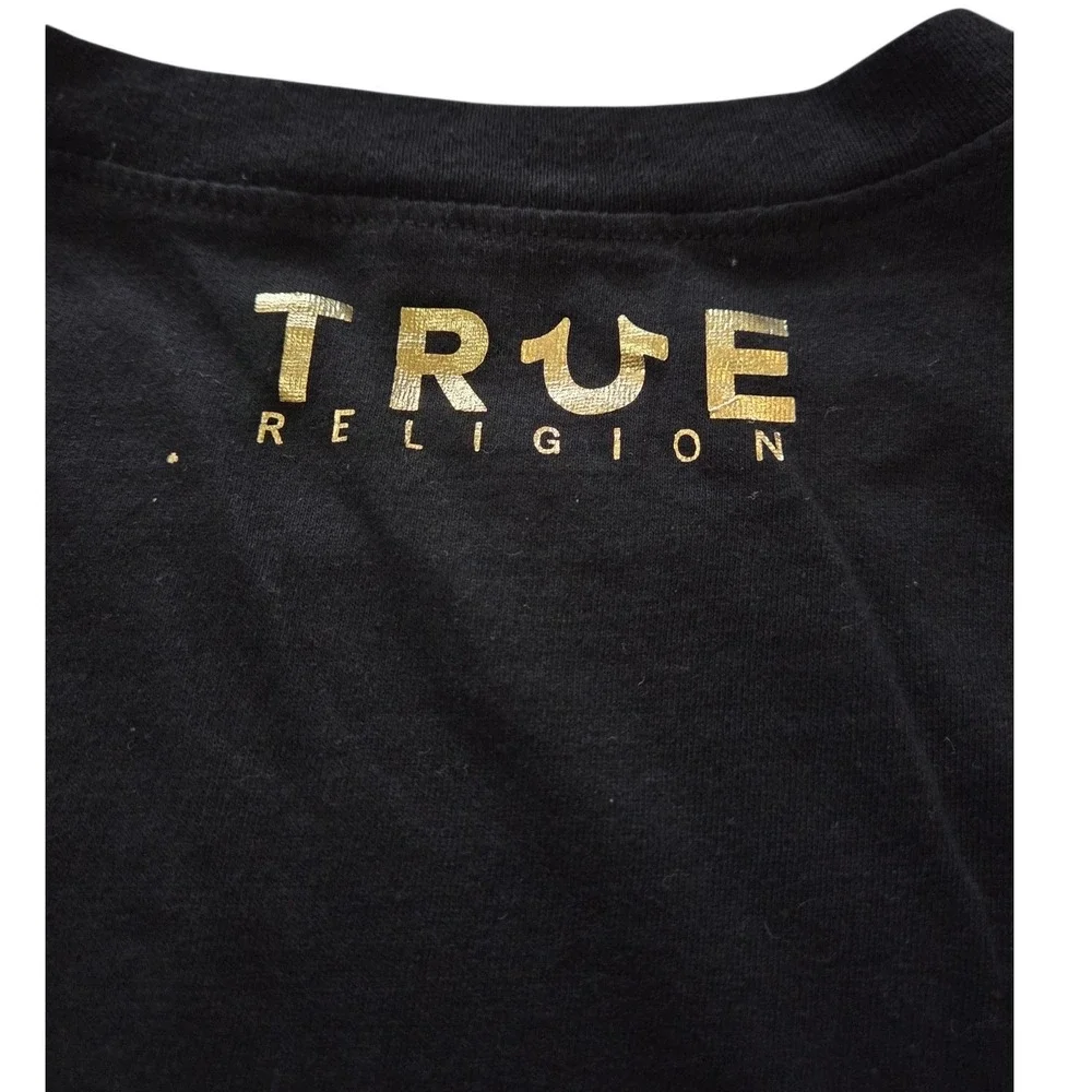 True Religion Mens Black Gold Foil Horseshoe Logo Graphic T-Shirt Large